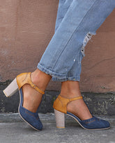 Vintage Color Block Sandals Casual Chunky Heel Buckle Shoes